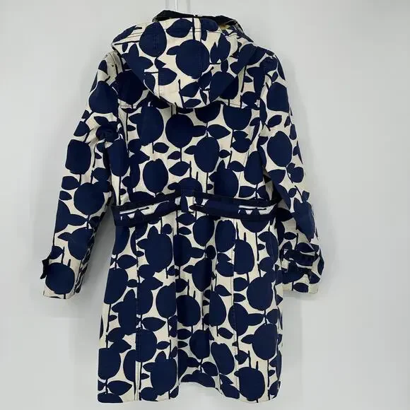Boden Coat Womens 6 Blue White Apple Print Hooded Belted Rain Trench Jacket - Picture 11 of 13